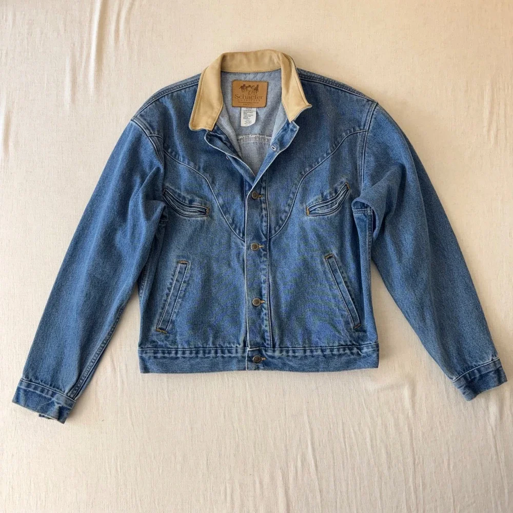Vintage Schaefer Outfitter Denim Jacket M Leather Collar Western USA Ranch